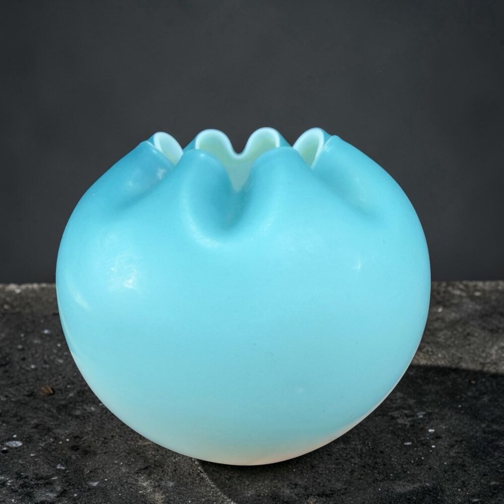 Antique Aqua‎ Cased Glass Rose Bow Blue Ombre Dish Bowl Crimped Trinket Holder